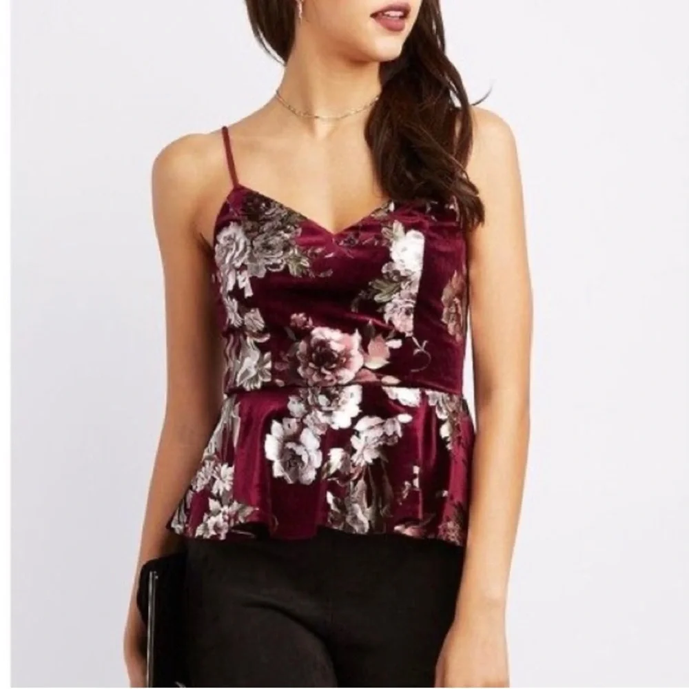 CHARLOTTE RUSSE ~ Floral Velveteen Tank Top with Peplum Detail ~ Size Medium
